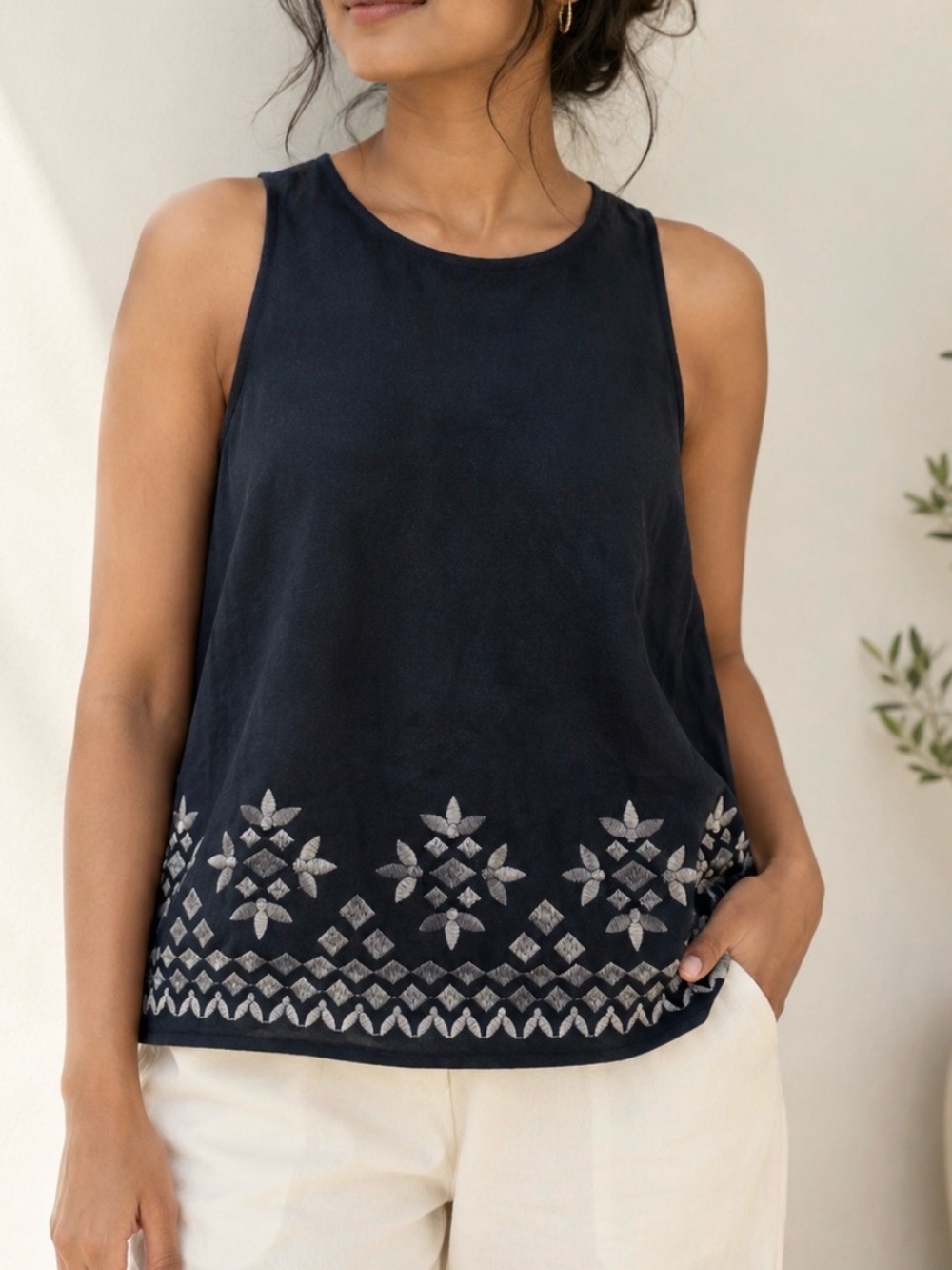 Hollister Navy Sleeveless Tank with Silver Embroidery